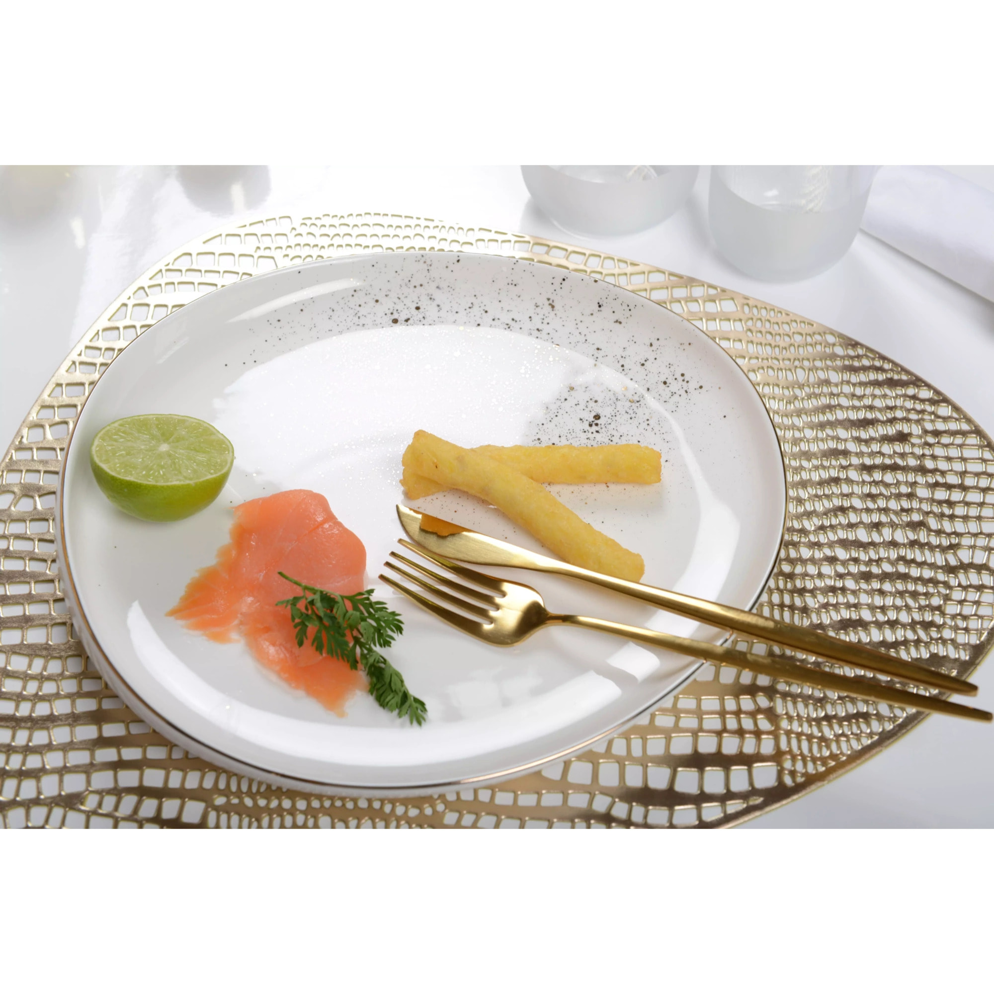 Lot de 6 Assiette à dessert ovale blanche flash or