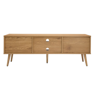 Meuble TV finition bois clair, cannage rotin et métal noir 2 portes L140 cm MANILLE