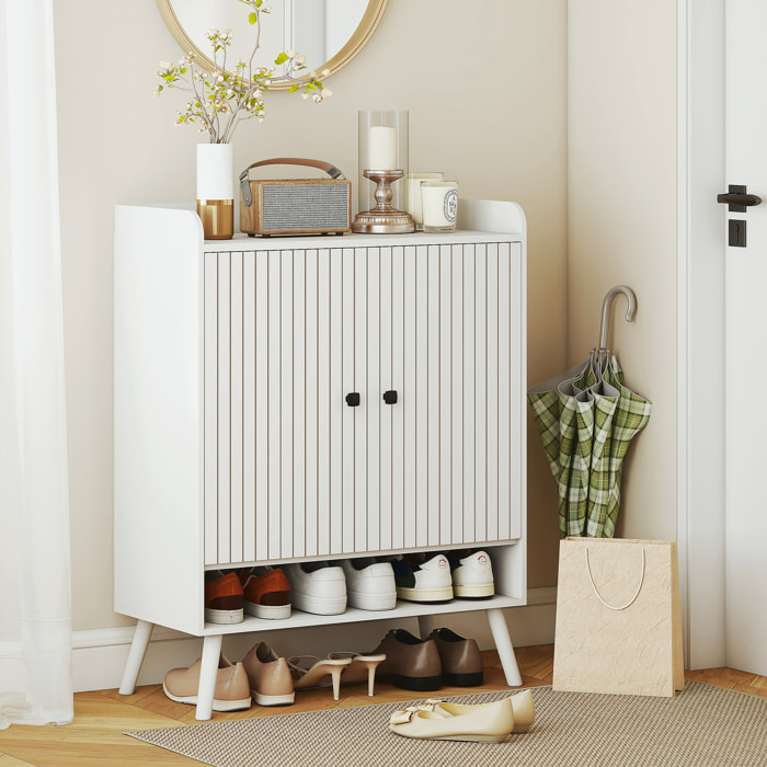 Zapatero de 2 Puertas en Lamas, Zapatero Entrada Recibidor con Estantes Ajustables, Compartimento Abierto, para 15 Pares de Zapatos, 75x35x97 cm, Blanco