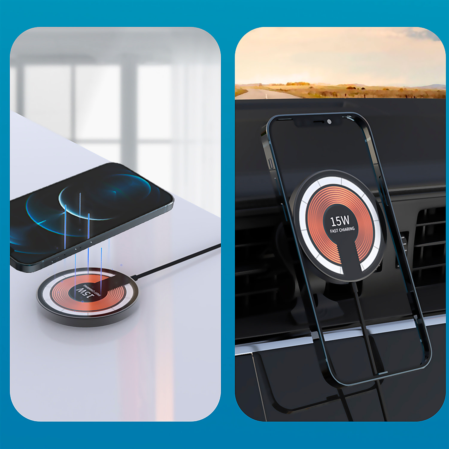 Caricatore wireless per auto Magsafe per presa d'aria, 15 W. Rimovibile per uso desktop.
