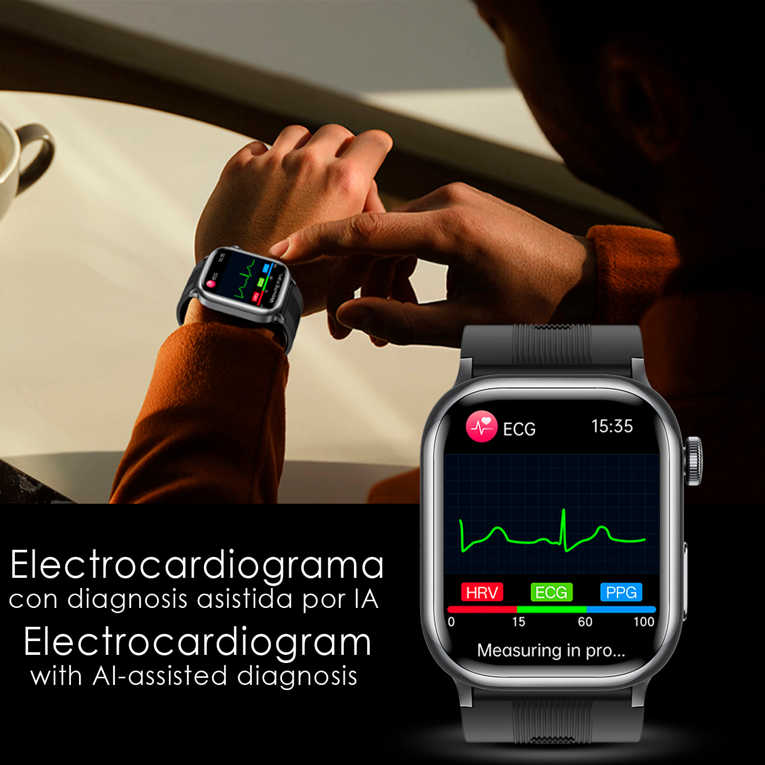Smartwatch TK66. Llamadas Bluetooth con funciones avanzadas de salud: temperatura corporal, ECG, micro examen físico y presión arterial mediante bomba de inflado y bolsa de aire.