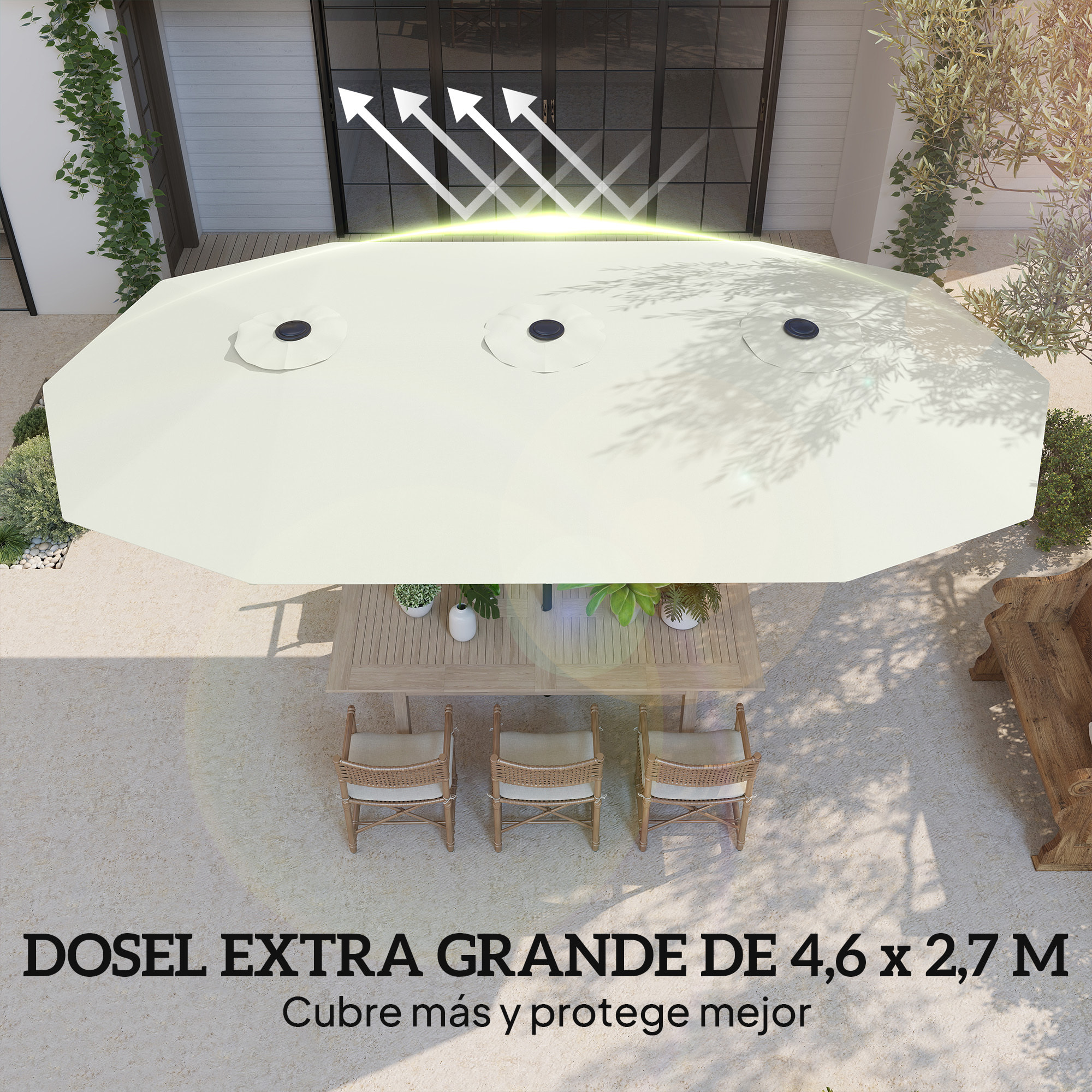 Sombrilla Doble 4,6x2,6 m, Sombrilla Terraza Exterior con Manivela Manual, Protección UV50+, Funda Protectora, Resistente al Agua, Parasol para Jardín, Terraza, Patio, Blanco Crema