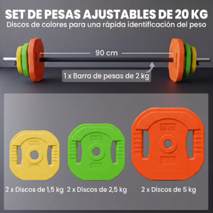 SPORTNOW Barra de Pesas 20 kg, Set de Pesas Ajustables con Barra de Acero de 140 cm, 6 Discos de 2x5kg, 2x2,5kg, 2x1,5kg, 2 Clips, Juego de Mancuernas para Entrenamiento de Fuerza en Casa Gimnasio