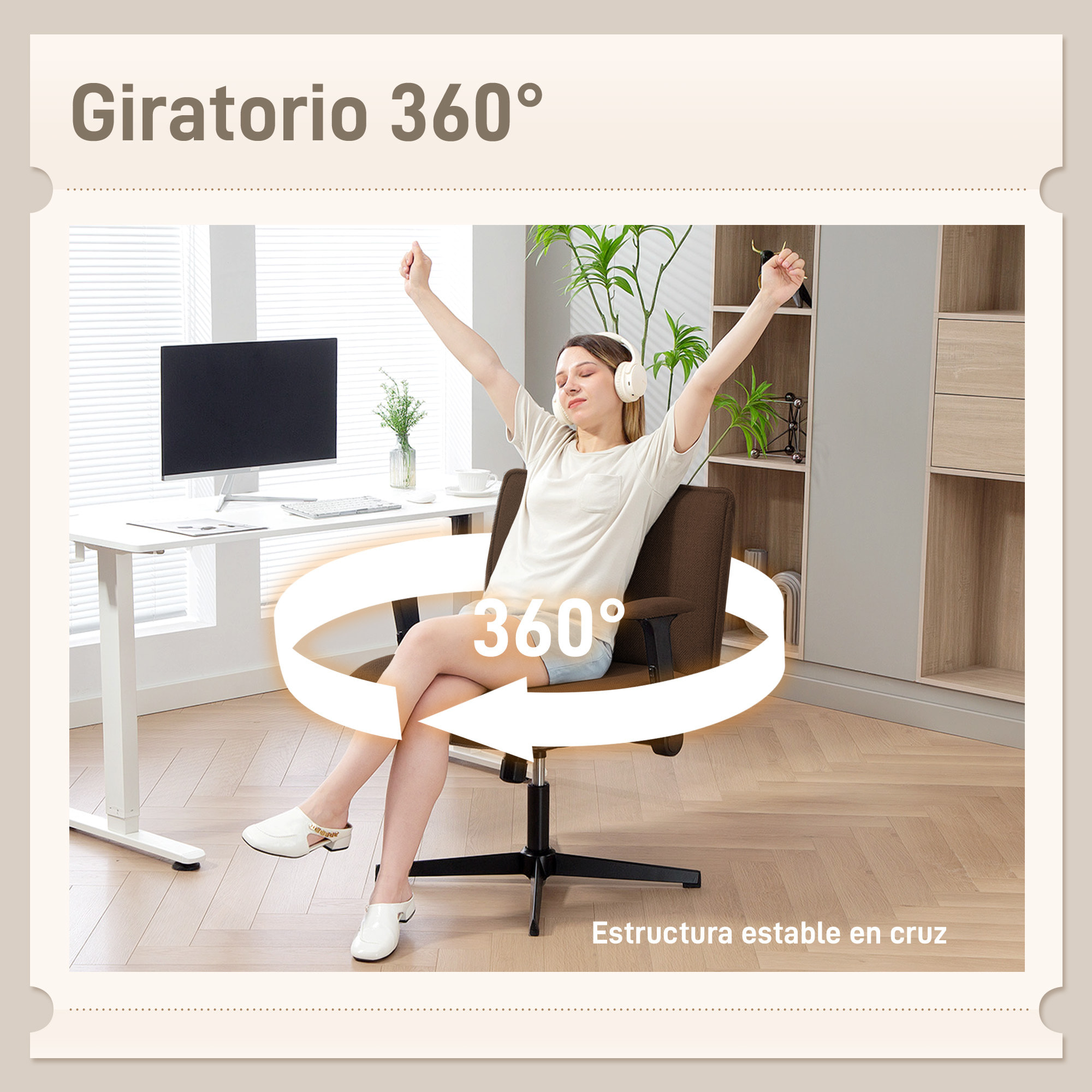 Silla de Oficina Piernas Cruzadas, Silla de Escritorio con Reposabrazos Abatible, Asiento Ancho, sin Ruedas, Altura Ajustable, Giratoria, Función Basculante, Tapizada en Lino, Marrón