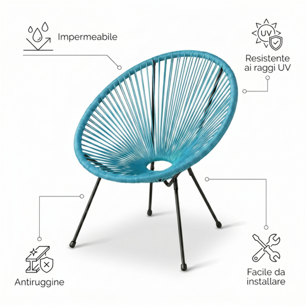 Sedia da giardino in acciaio e vimini sintetico multistring, poltrona outdoor design moderno, resistente a UV e acqua, antiruggine e facile da montare, seduta ergonomica e traspirante, ideale per balcone terrazzo e giardino