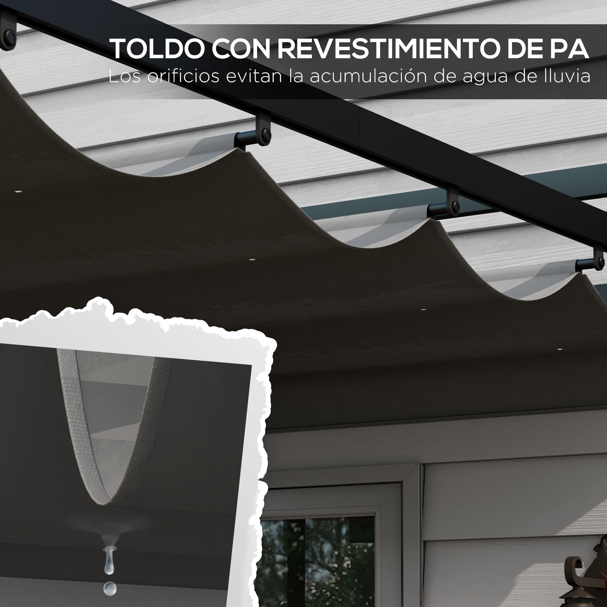 Pérgola 3x4 m Gazebo Cenador de Jardín con Techo Retráctil de Poliéster y 12 Orificios de Drenaje Pérgola para Patio Terraza Exterior Gris Oscuro