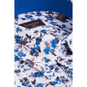 Camicia Uomo 1 Bottone Button Down Manica Corta Slim Cotone Stampato Bianco e Blu