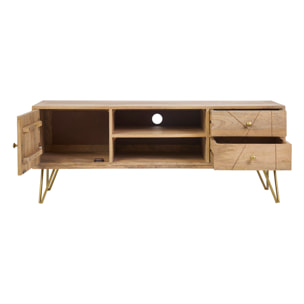 Meuble TV gravé en bois manguier massif et métal L130 LINIUM