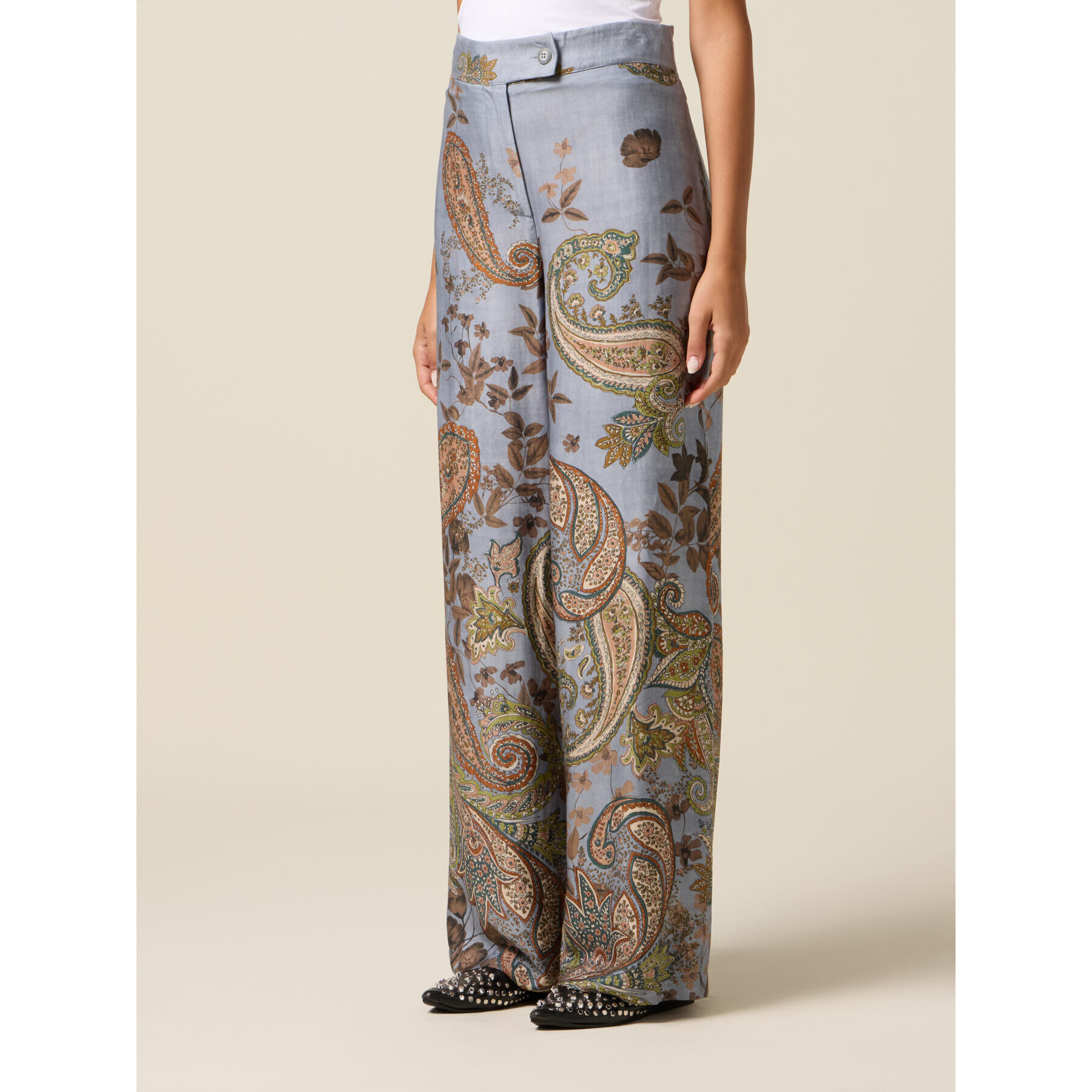 Oltre - Pantaloni palazzo in raso fantasia - Azzurro