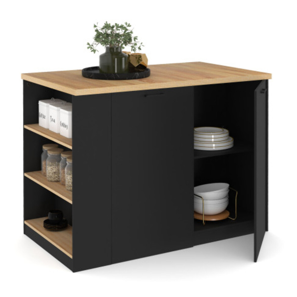 Ilot de cuisine Dario bois et noir avec rangements