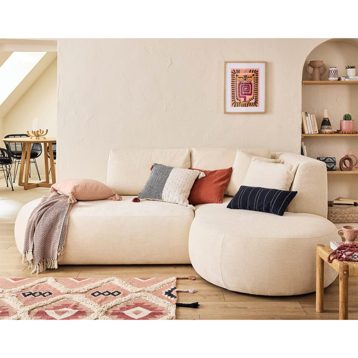 Santorini - canapé modulable d'angle droit + pouf - 4 places - en tissu texturé - Beige