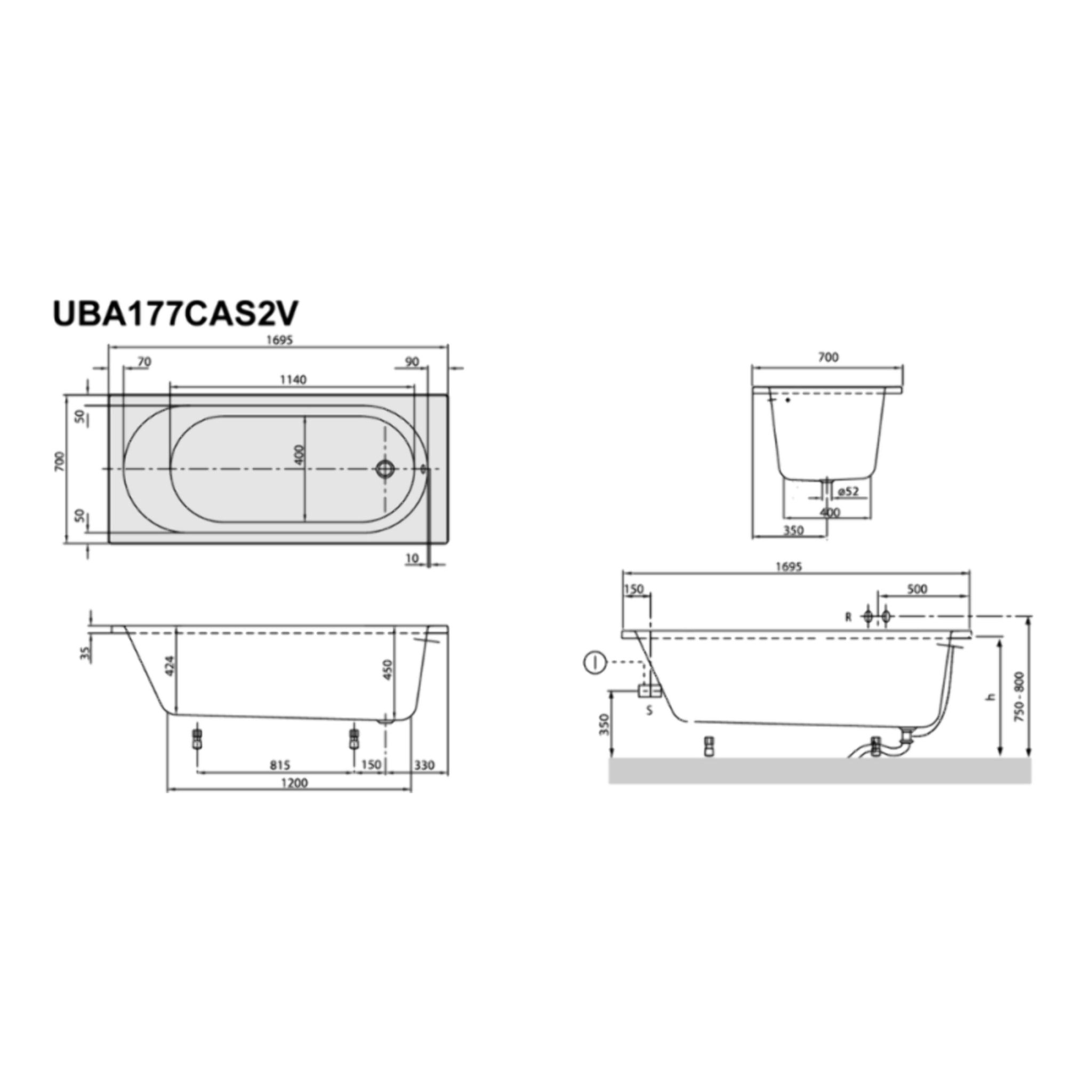 Baignoire droite VILLEROY & BOCH O.Novo 170x70cm Blanc  + Pare Bain gauche AURYS Mist 1 chromé