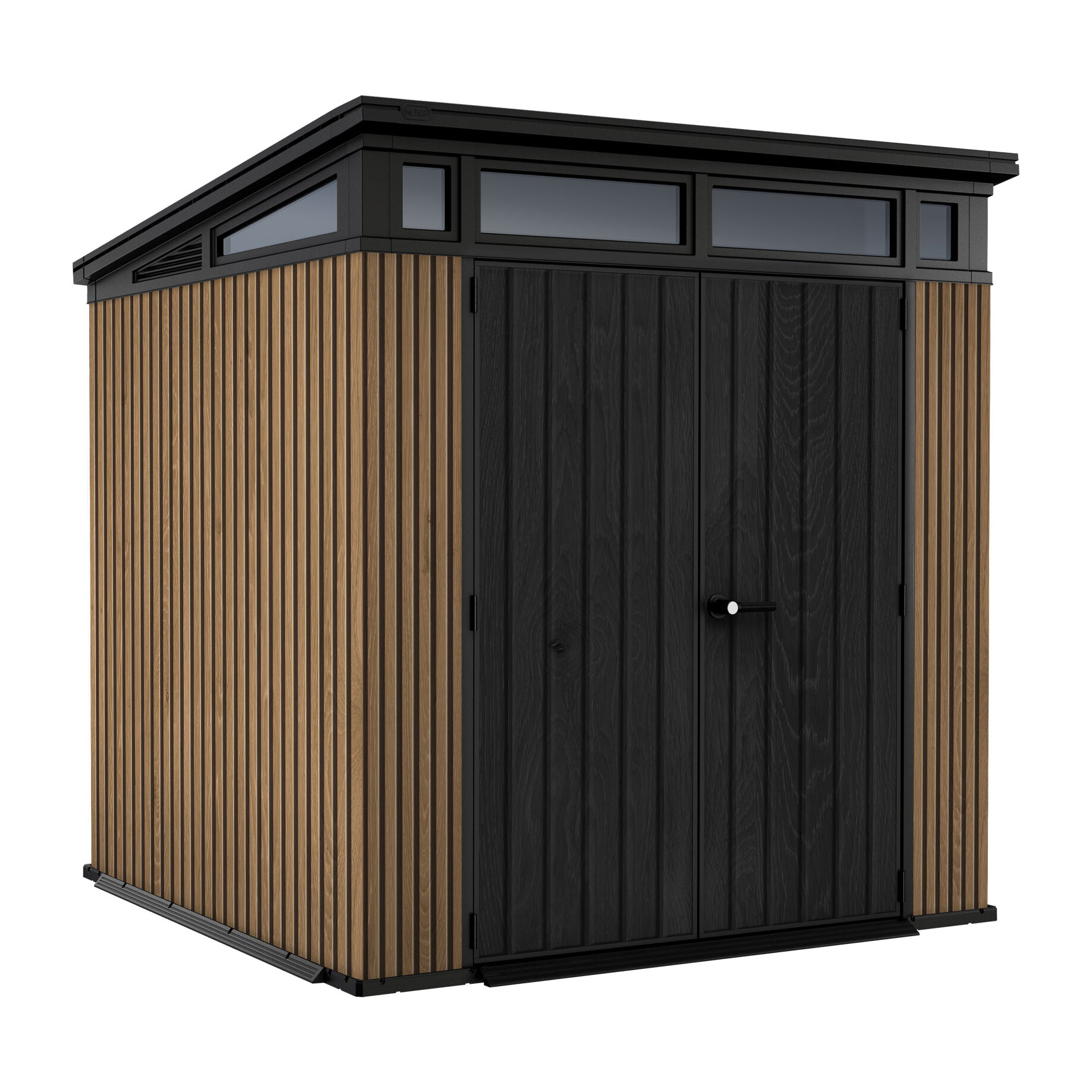 Pent 7x7 - Casetta da Giardino 216x226x218 cm 2 Ante per deposito attrezzi finitura effetto legno Evotech+ in Resina Marrone e Nero