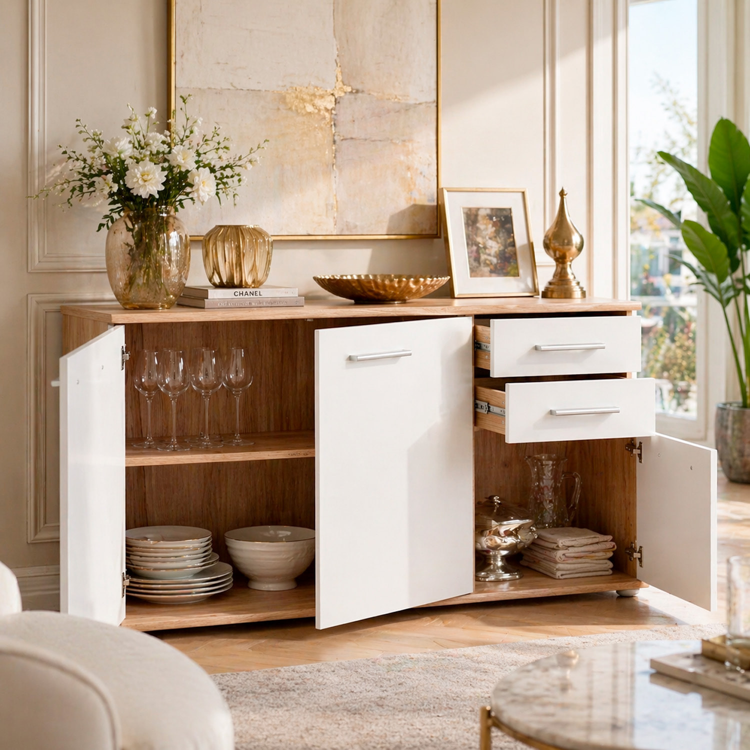 Credenza Mobile Soggiorno Madia Moderna Cucina Sala Pranzo Ingresso Minimal Contenitore Ante Cassetti Arredo Salvaspazio 103x 70x 35 Cm Rovere Chiaro