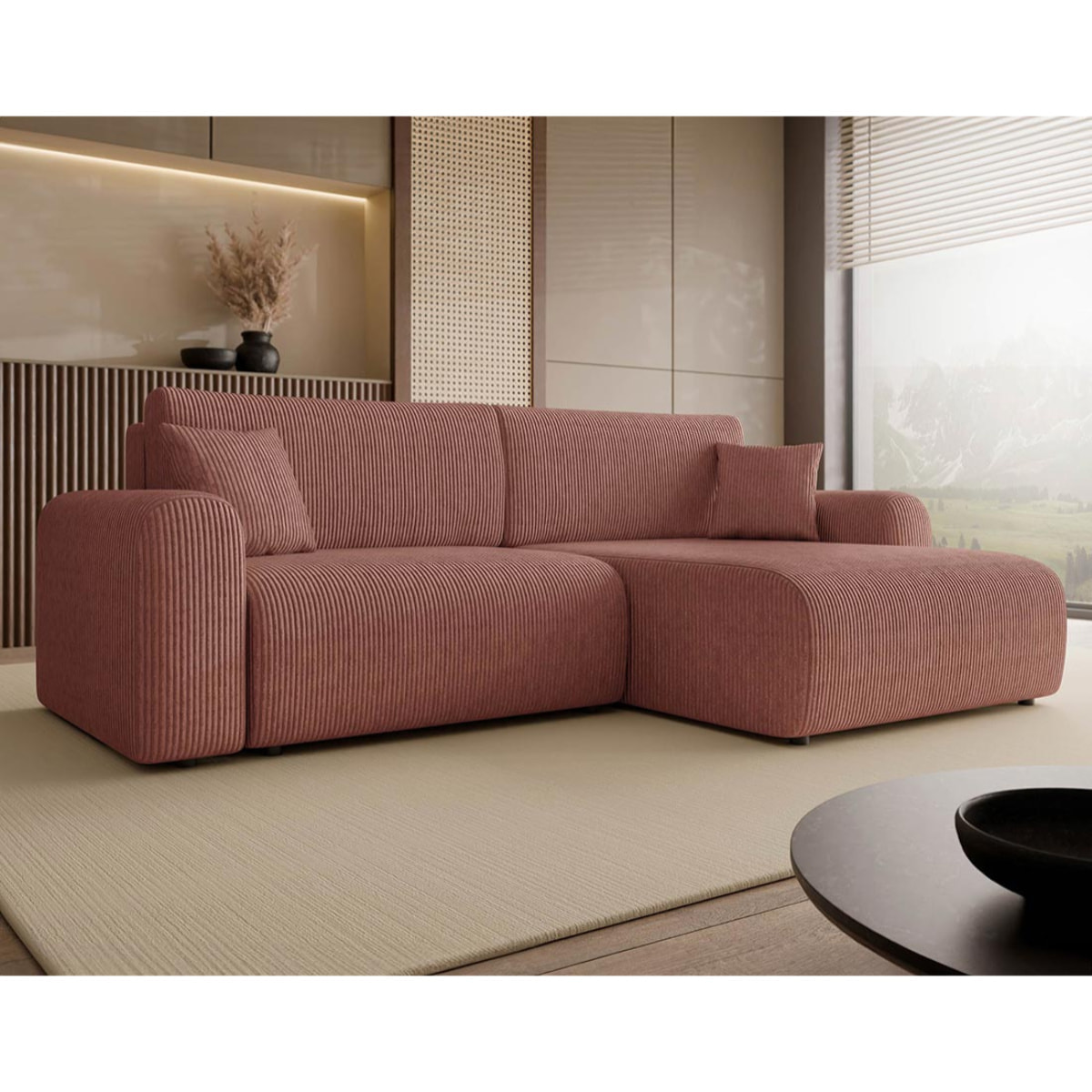Naomi - Canapé d'angle réversible 4 places convertible avec coffre en velours côtelé - Rose