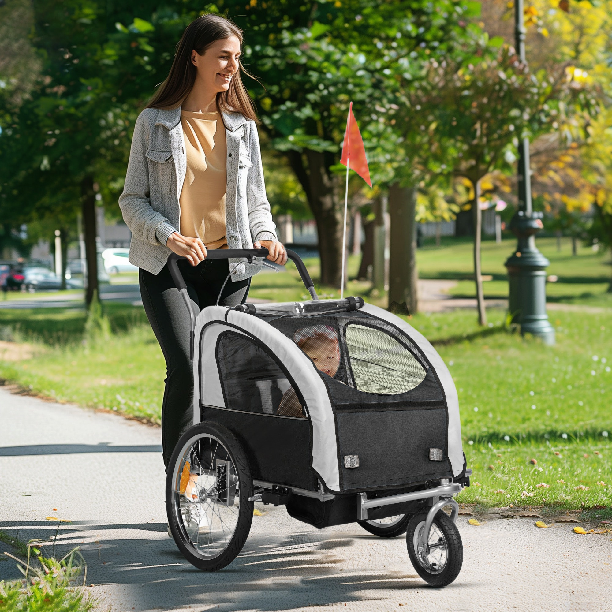 Remorque vélo jogger 2 en 1 enfant drapeau roue avant pivotante réflecteurs barre d'attelage inclus noir blanc