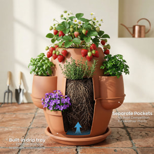 Oasi - Fioriera Da Giardino 80x80x80 Cm Con 6 Tasche Perimetrali E Sottovaso Terracotta