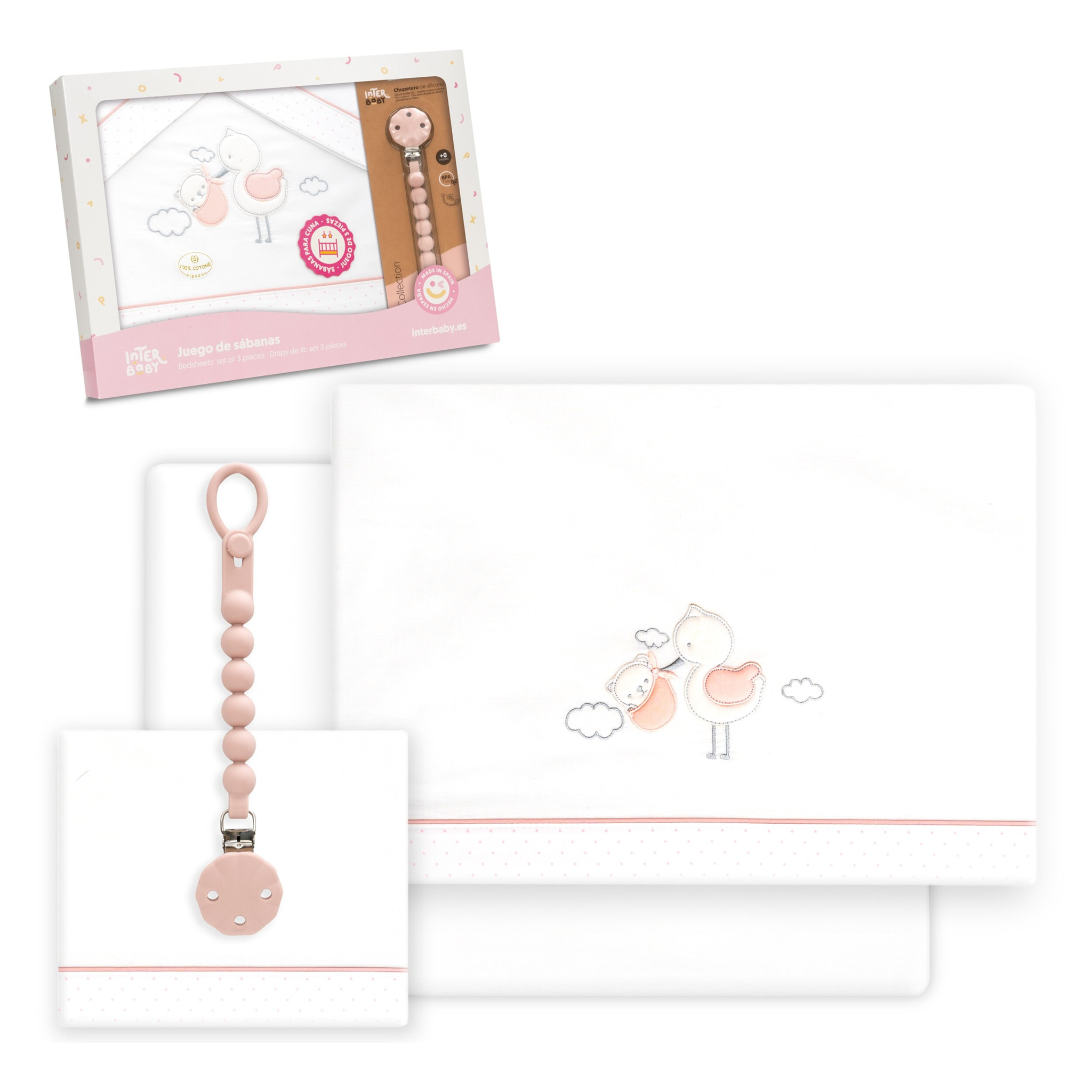 Triptico Cuna Cigueña Oso + Broche Bco/Rosa