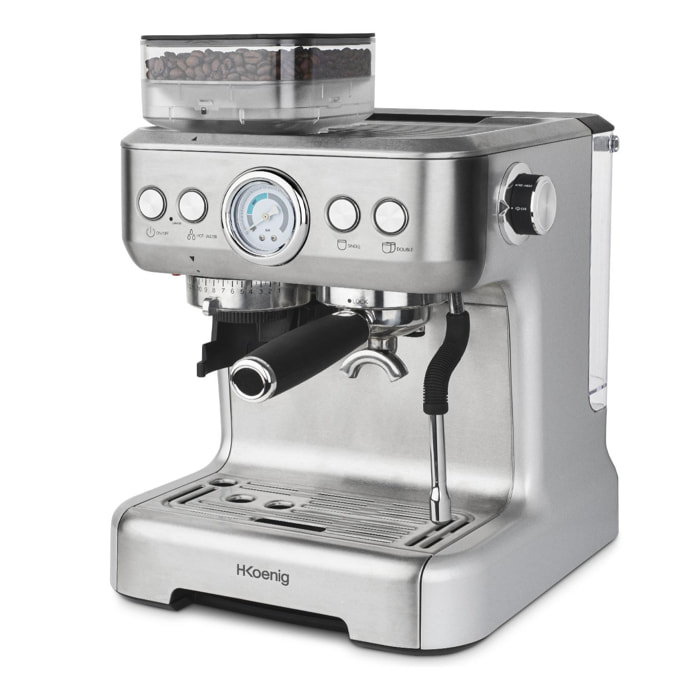 H.Koenig Máquina espresso con triturador EXPRO980, 2,7 L, 250 g, depósito de granos, 15 tamaños de molido, bomba italiana, dosificación personalizable para 1 o 2 tazas, Thermoblock, presión 20 bares
