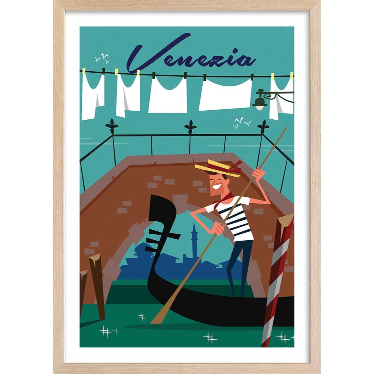 Affiche Gondole à Venise Affiche + cadre en bois - Chêne