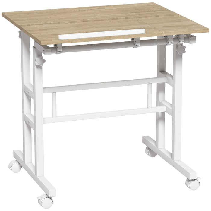 Bureau assis debout inclinable réglable H.70,5-120 cm mobile 3 plateaux métal blanc effet bois clair