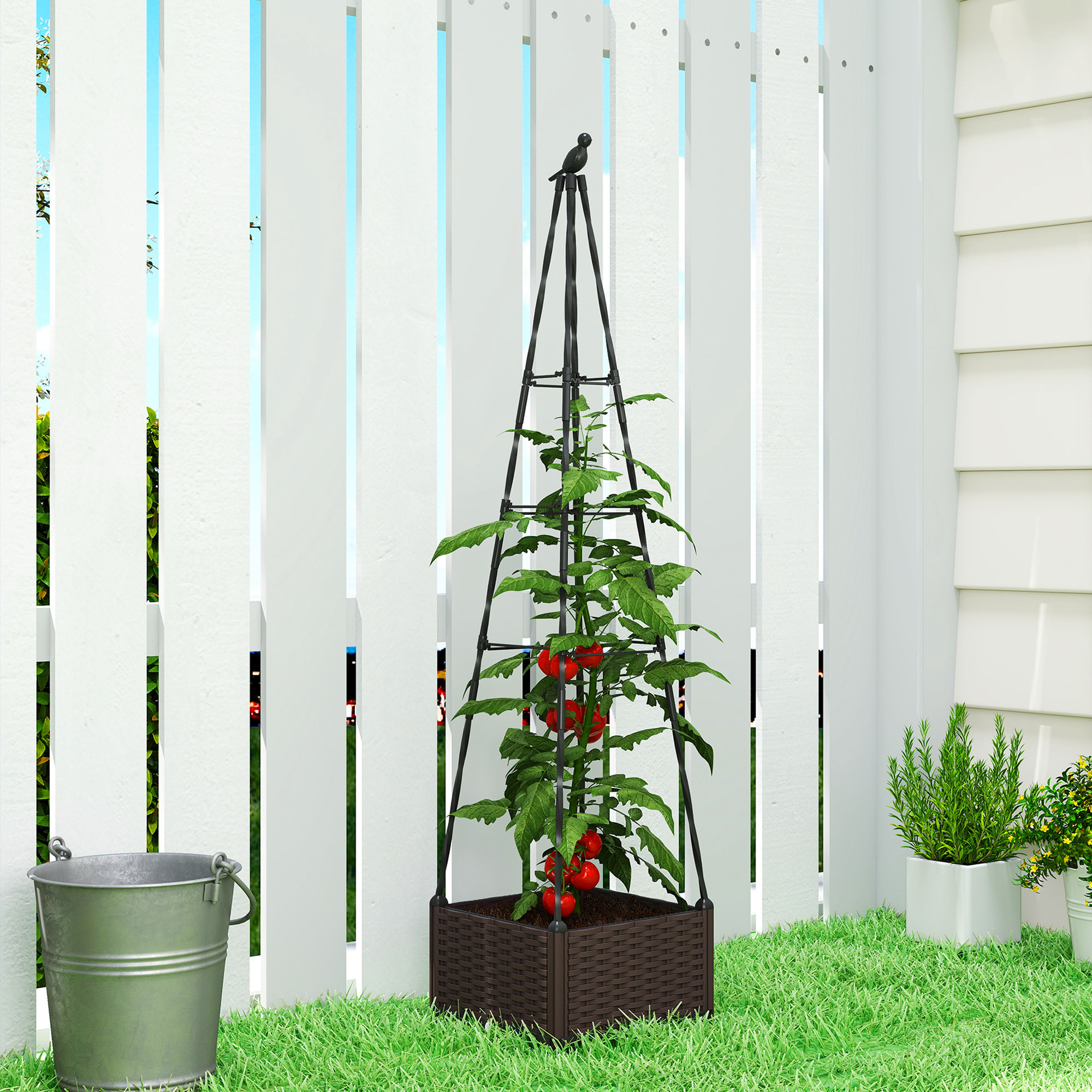 Jardinera con Enrejado Metálico, Jardinera Exterior para Plantas Trepadoras, Maceta de PP con Orificios de Drenaje y Tapones, Macetero Elevado para Jardín, Patio, 40x40x175 cm, Negro