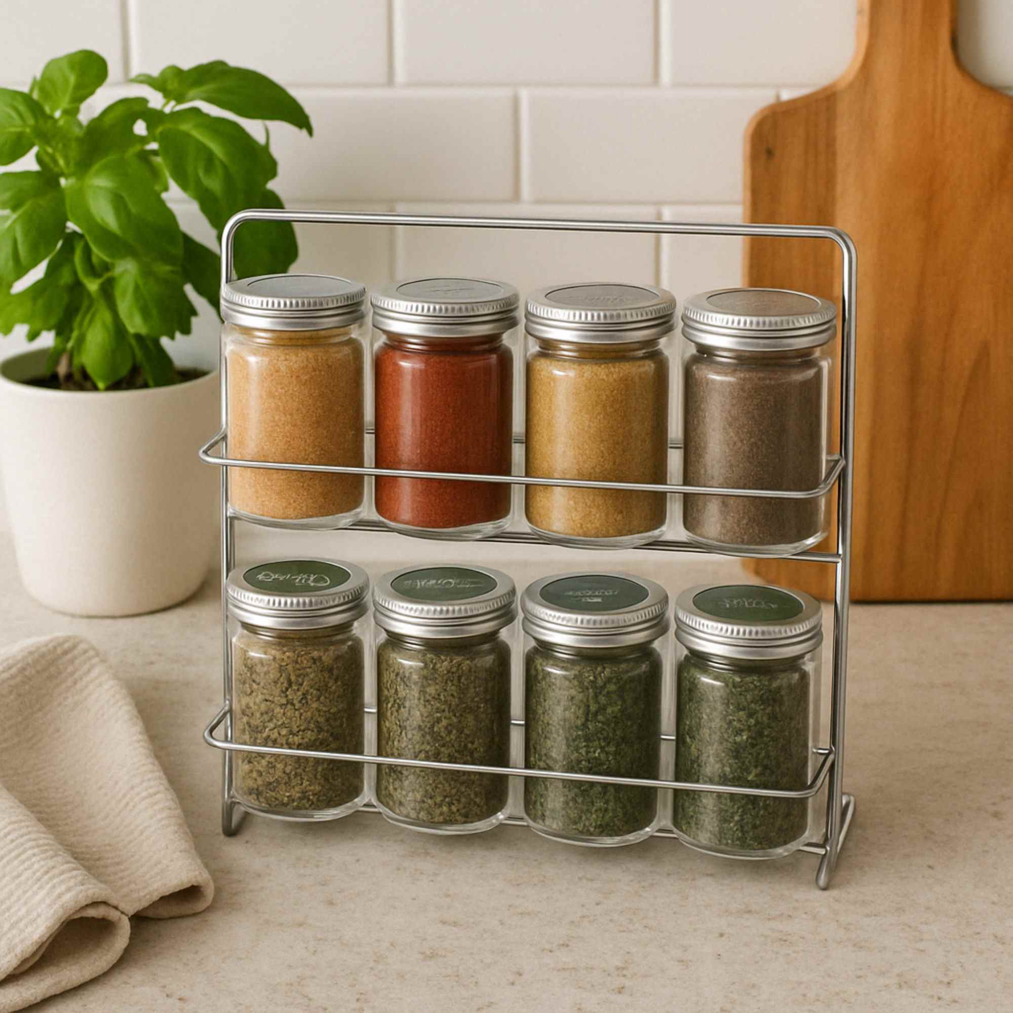 Conjunto de 8 botellas de especias en soporte metálico tapa de aluminio y botellas de vidrio 23xh24cm