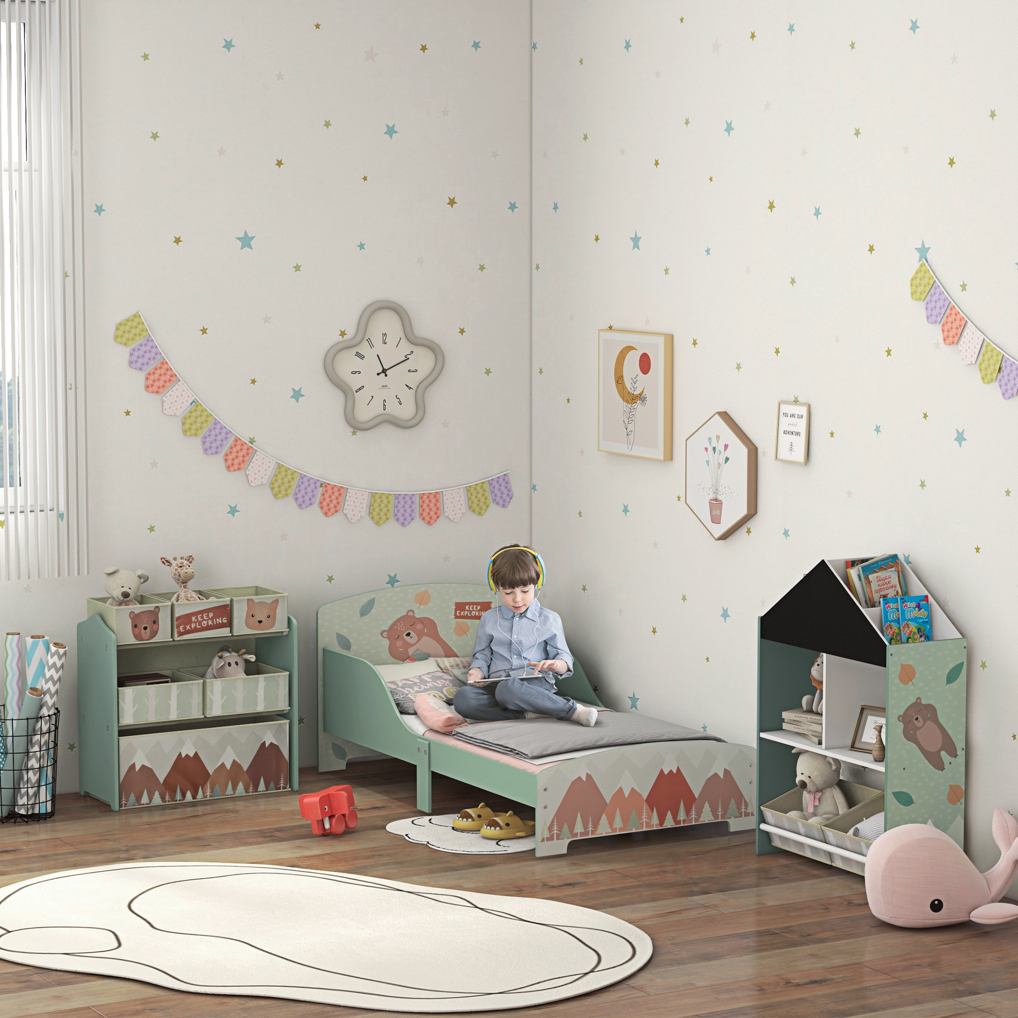 Conjunto para Niños Incluye 1 Cama Infantil 1 Estantería para Juguetes con Pizarra Pintable y 1 Organizador de Juguetes con 6 Cajas de Tela Extraíbles Verde