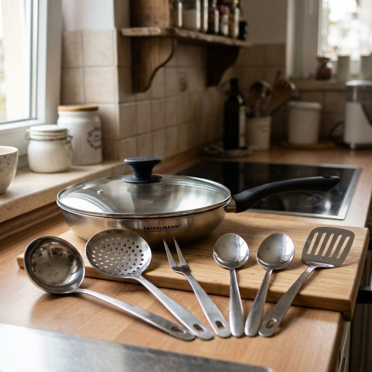 Set poêle en inox, couvercle verre et 6 ustensiles inox Fackelmann Geneva