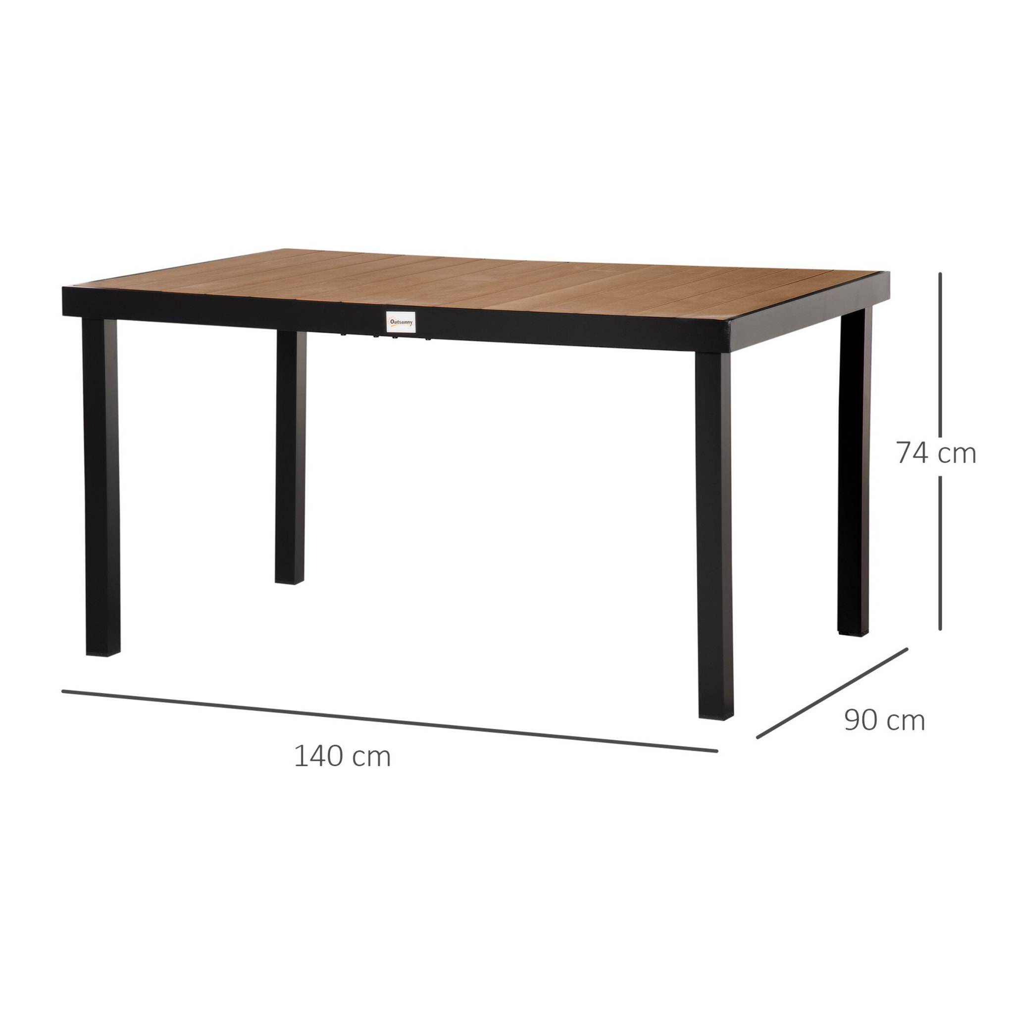 Table de jardin 6 personnes dim. 140 x 90 x 74 cm aluminium noir plastique effet bois naturel