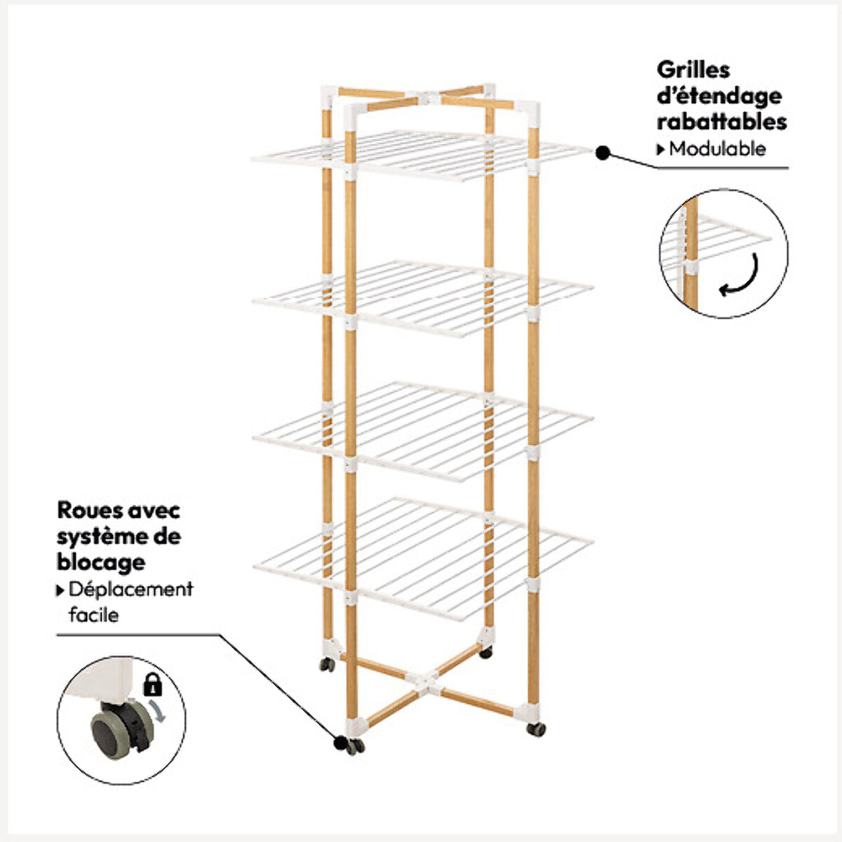 Étendoir à linge tour 4 roues 40m effet bois
