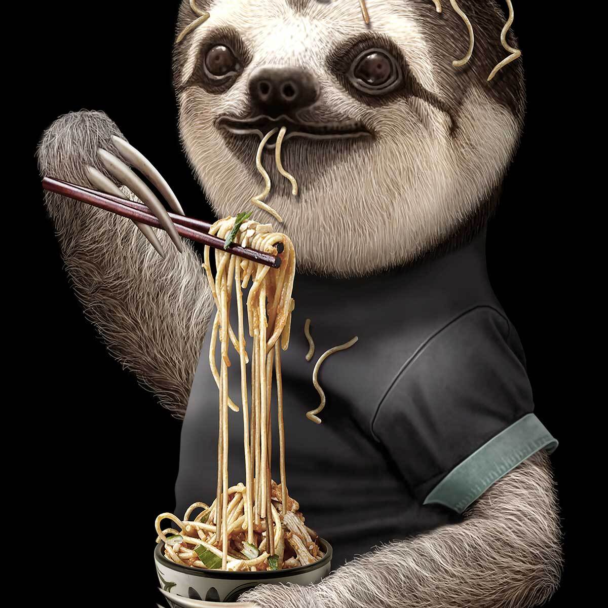 Affiche enfant repas de paresseux  Affiche + cadre en bois - Chêne