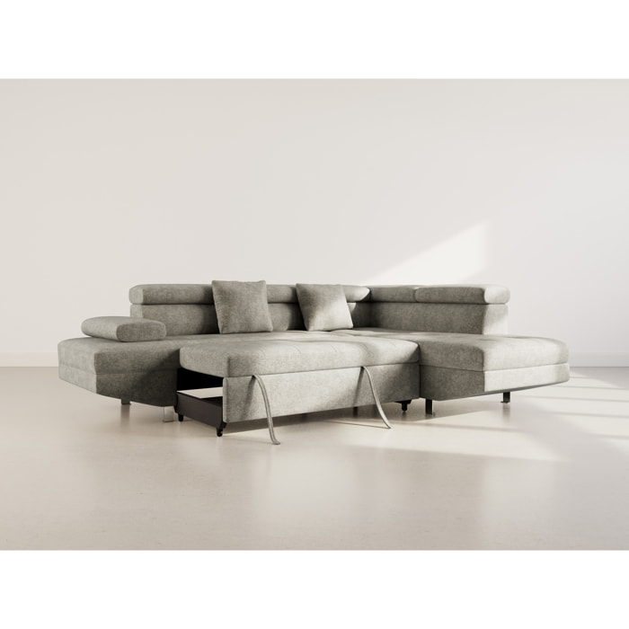 Margaux - Canapé d'angle droit 5 places convertible avec coffre et têtières réglables en velours texturé - Vert