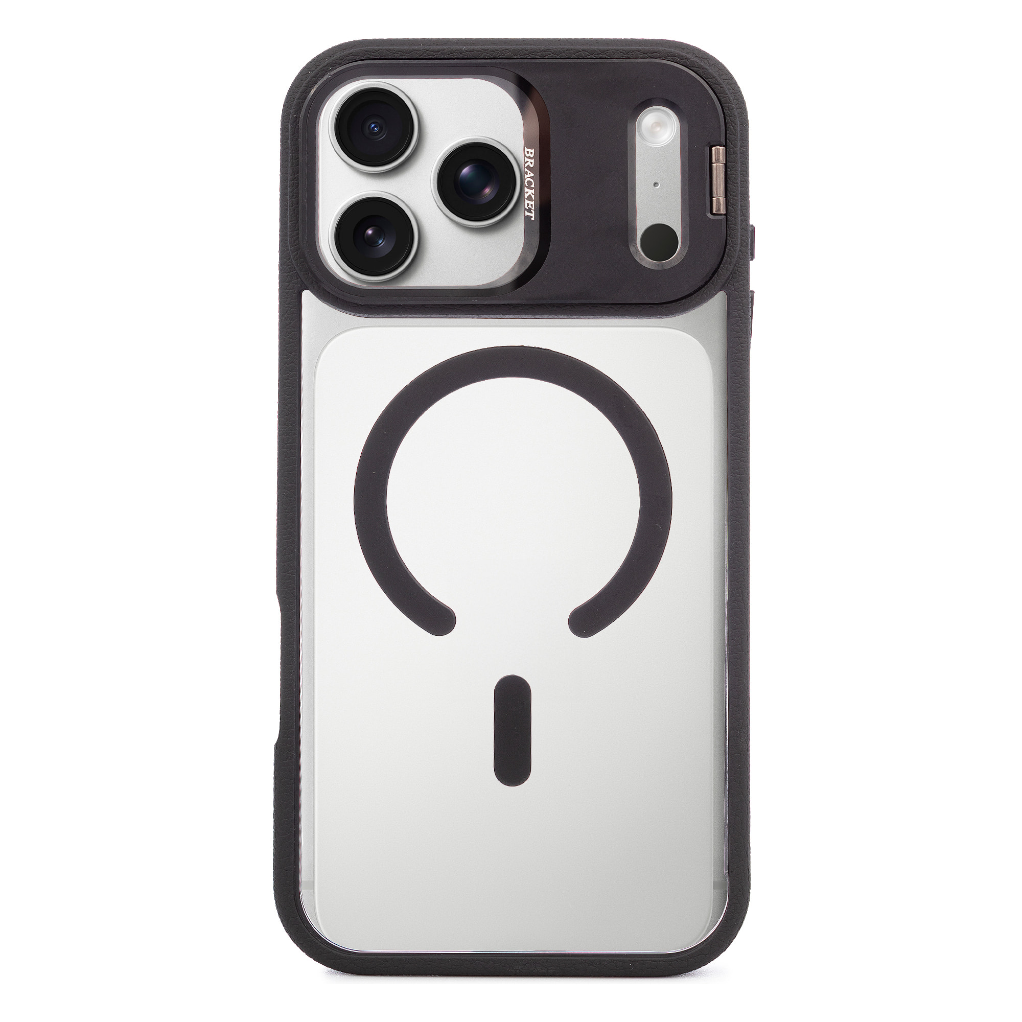 Custodia trasparente con copertura della fotocamera ribaltabile che funziona come supporto, bordi neri. MagSafe per iPhone 17 Pro Max.