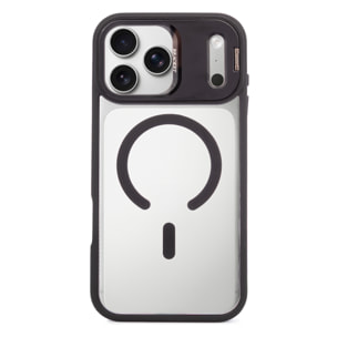 Custodia trasparente con copertura della fotocamera ribaltabile che funziona come supporto, bordi neri. MagSafe per iPhone 17 Pro Max.