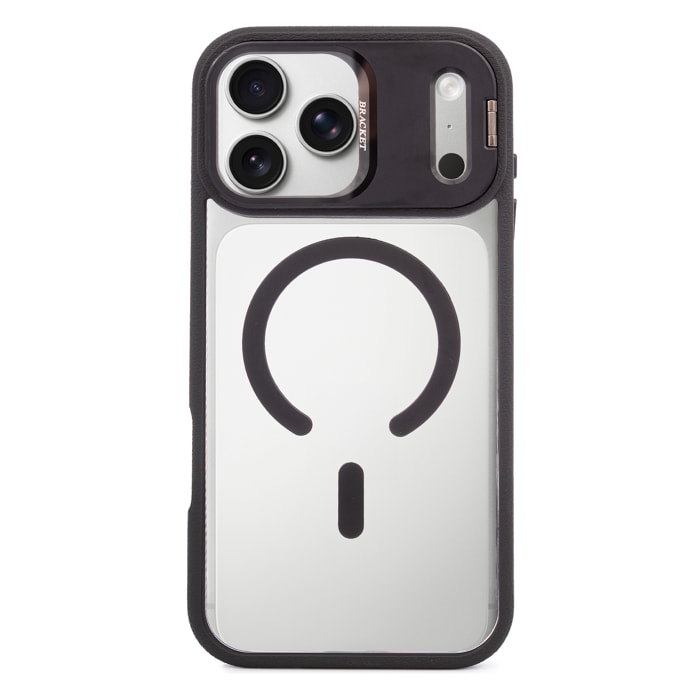 Custodia trasparente con copertura della fotocamera ribaltabile che funziona come supporto, bordi neri. MagSafe per iPhone 17 Pro Max.