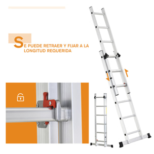 Escalera Aluminio con Estructura Triangular de Tijera Plegable Portátil 2 Formas de Uso Pie Antideslizante Articulación Rail Máx. 150kg Altura 160-249cm Plata