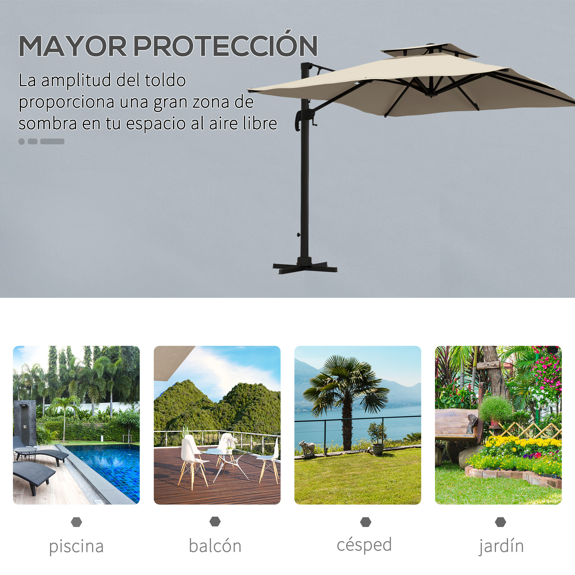 Sombrilla de Jardín 300x300 cm Parasol de Aluminio con Manivela Poste Giratorio 360° Doble Techo Inclinable en 6 Posiciones y Base Cruzada Incluida Caqui