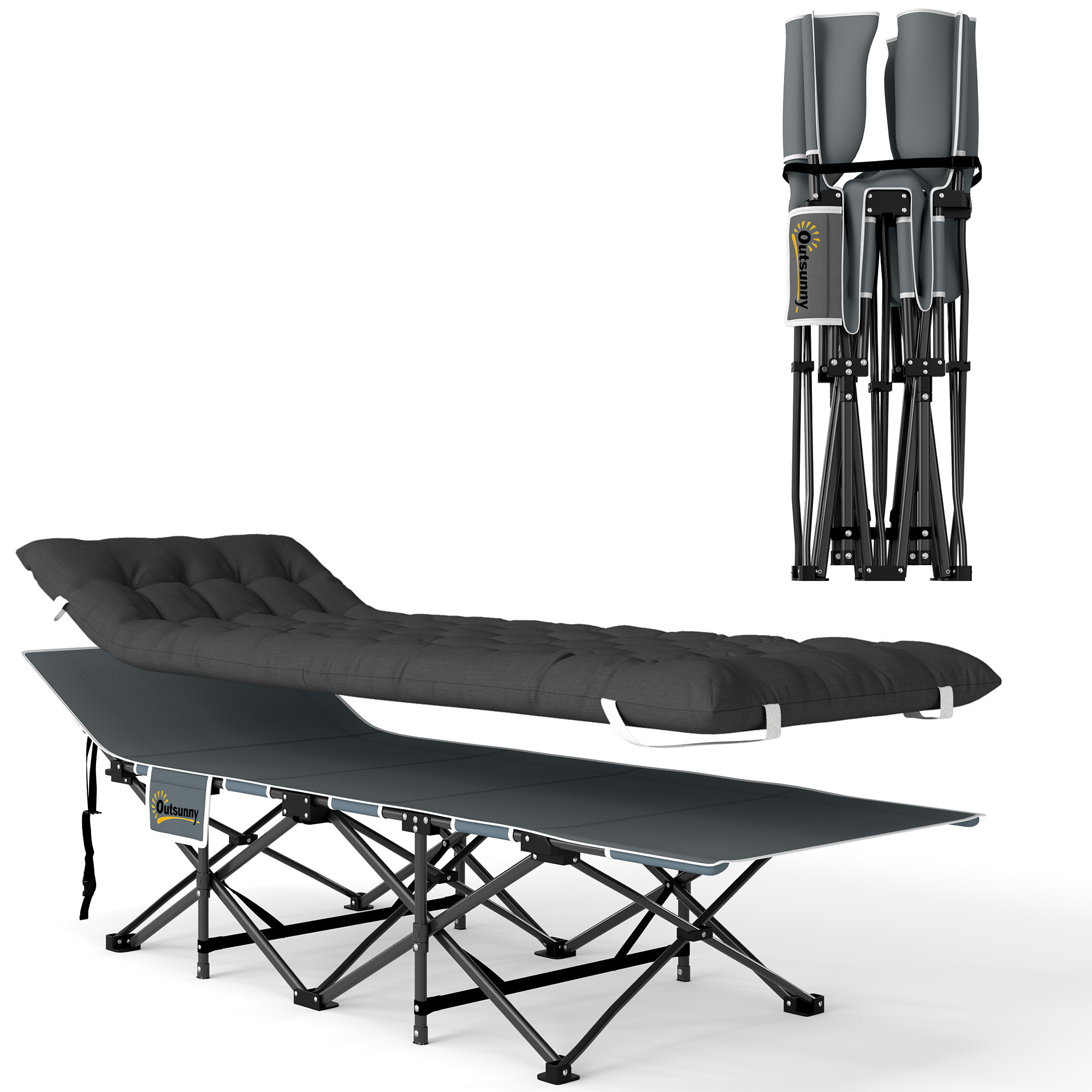Cama Plegable Camping Cama de Acampada Portátil Tumbona de Camping con Reposacabezas Colchón Extraíble y Bolsa de Transporte Carga 150 kg para Playa Senderismo 196x68x37 cm Negro