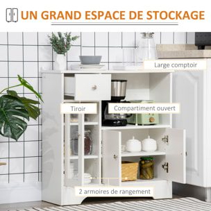 Buffet de cuisine meuble de rangement moderne avec porte en verre, tiroir, grande niche et étagères réglables, 80 x 30 x 82 cm, blanc