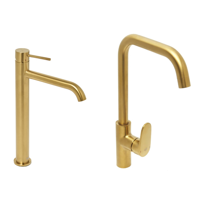 set mitigeur lavabo haut acier inoxydable + mitigeur cuisine avec bras pivotant, or brossé (SATBA280BG)
