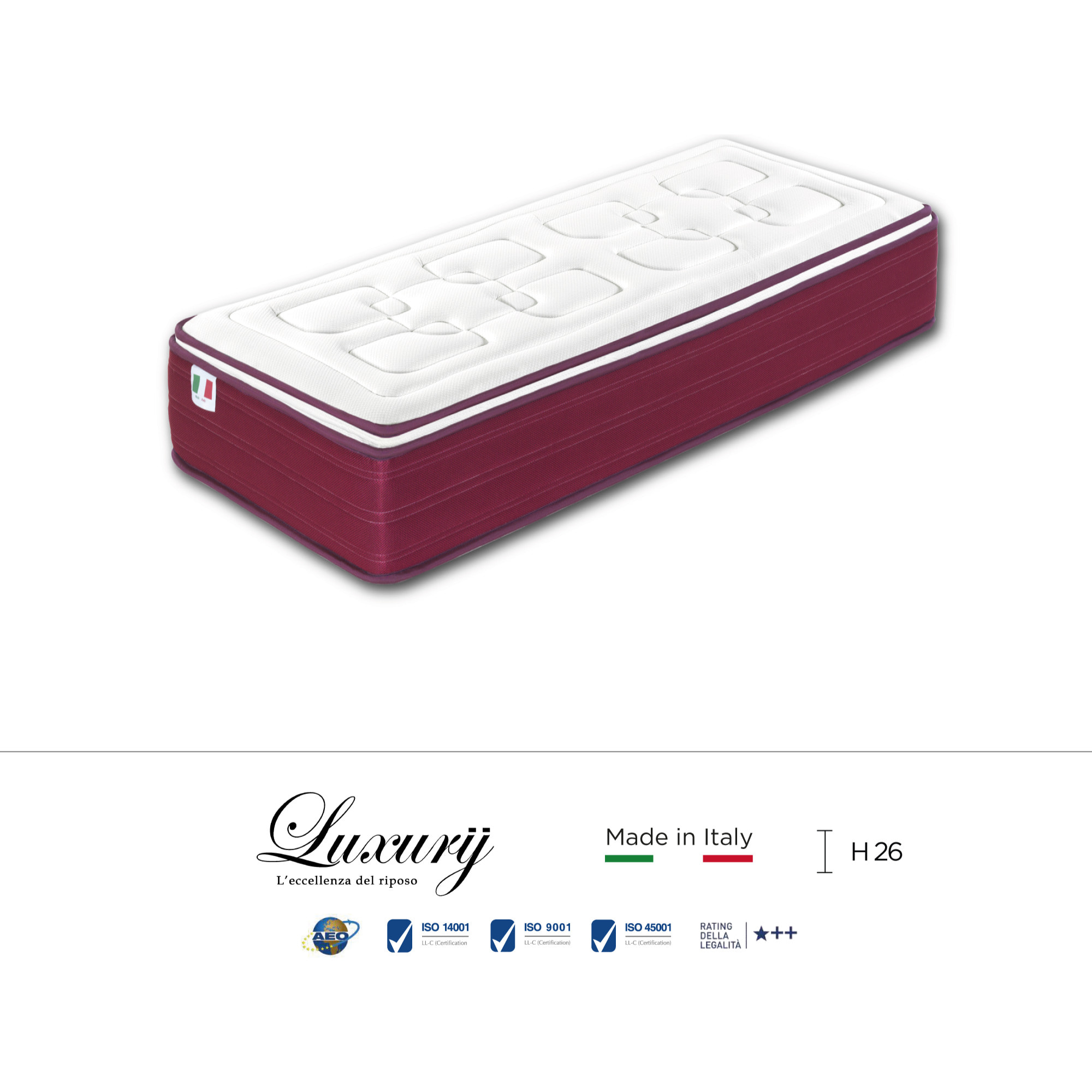 "Ravello" H26 cm 80x190 gunaciale Memory OMAGGIO a molle insacchettate e 2cm memory