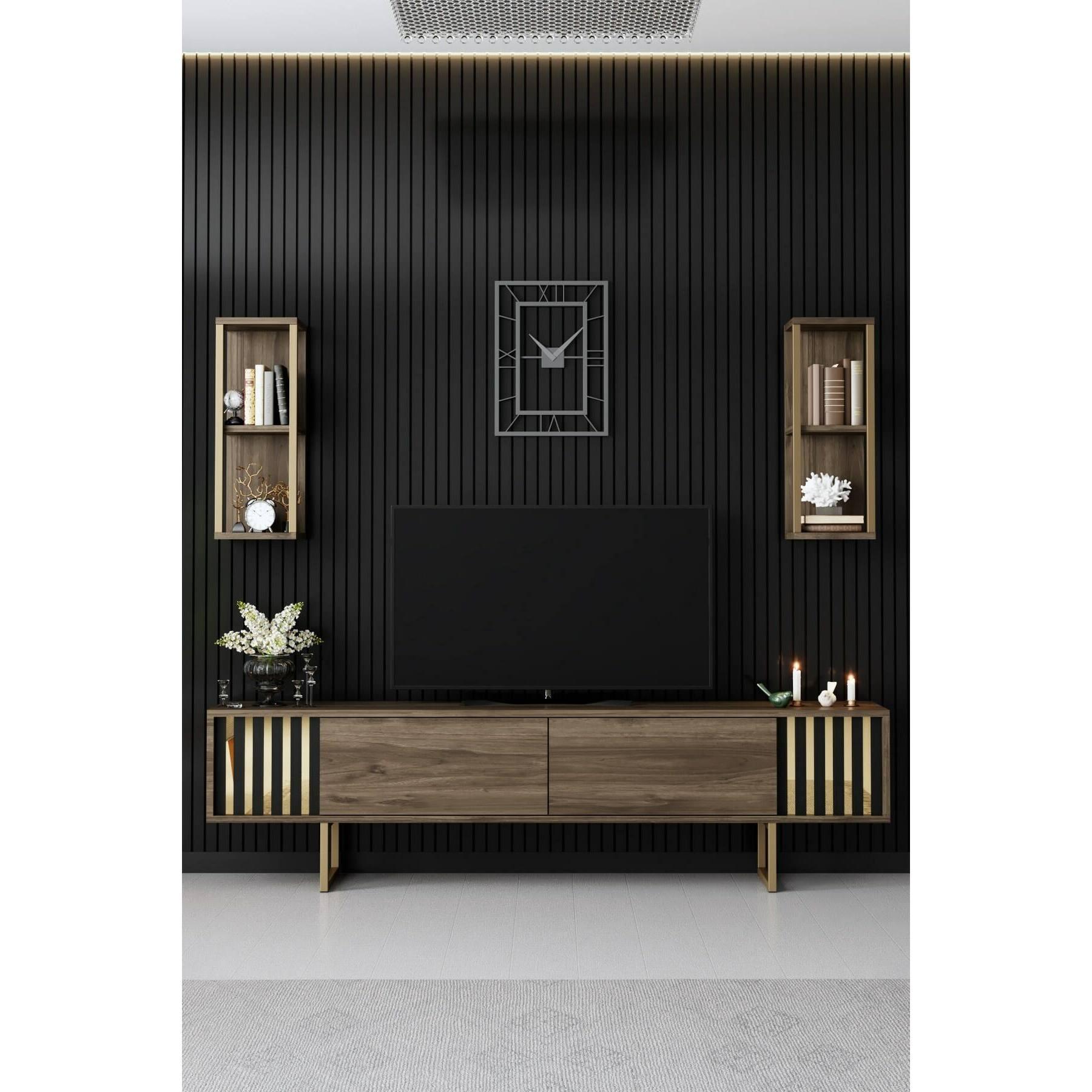 Mobile porta TV Dliveran, Credenza da soggiorno, Armadio basso per TV, Base parete attrezzata, 180x30h48 cm, Noce e Nero