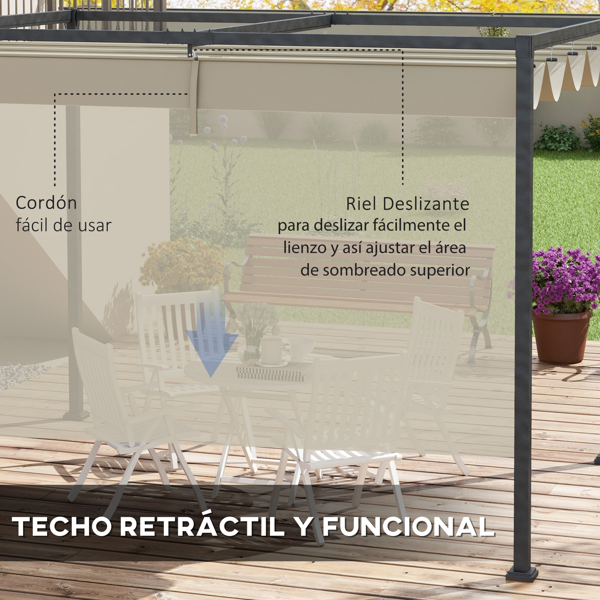 Pérgola 3x2 m Cenador de Jardín Pabellón de Diseño Elegante con Techo Retráctil de Poliéster con Recubrimiento Resistente Anti-UV Impermeable para Celebraciones Fiestas Bodas Crema