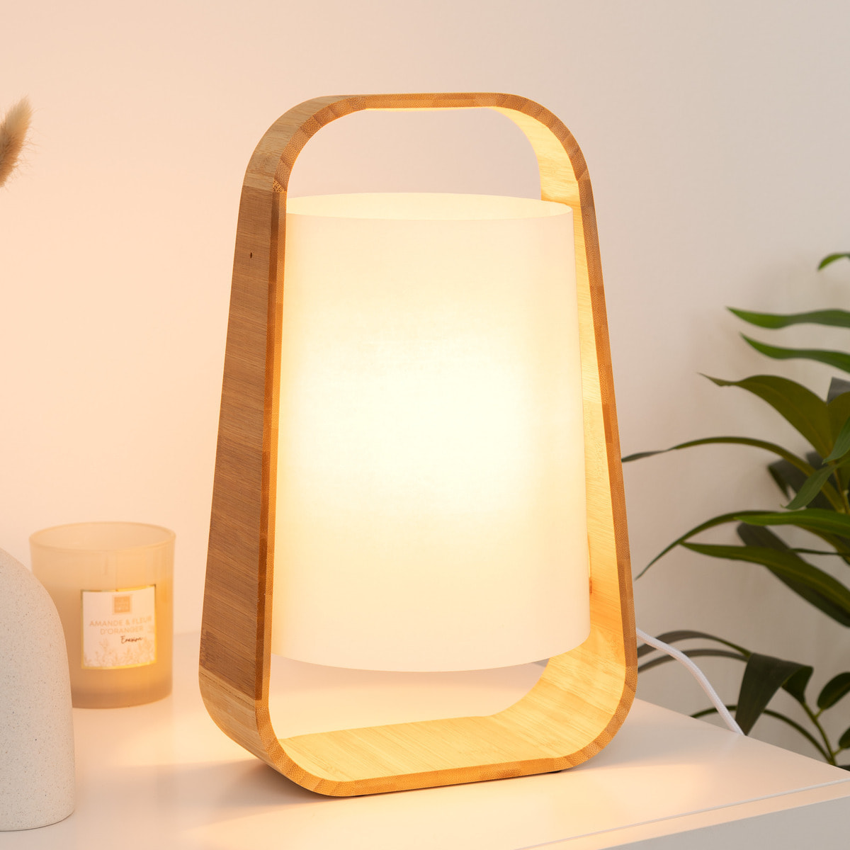 Lampe "Rex" - bambou et blanc H35 cm