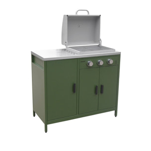 Barbecue gaz 3 brûleurs. vert. 3 portes et 2 espaces de rangement