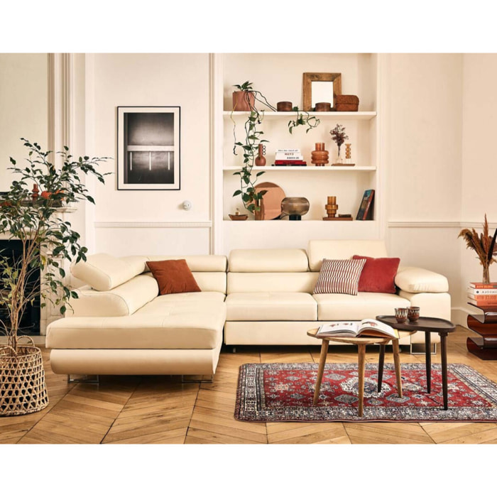 Zaria - canapé d'angle gauche 5 places convertible avec coffre et têtières en simili - Beige