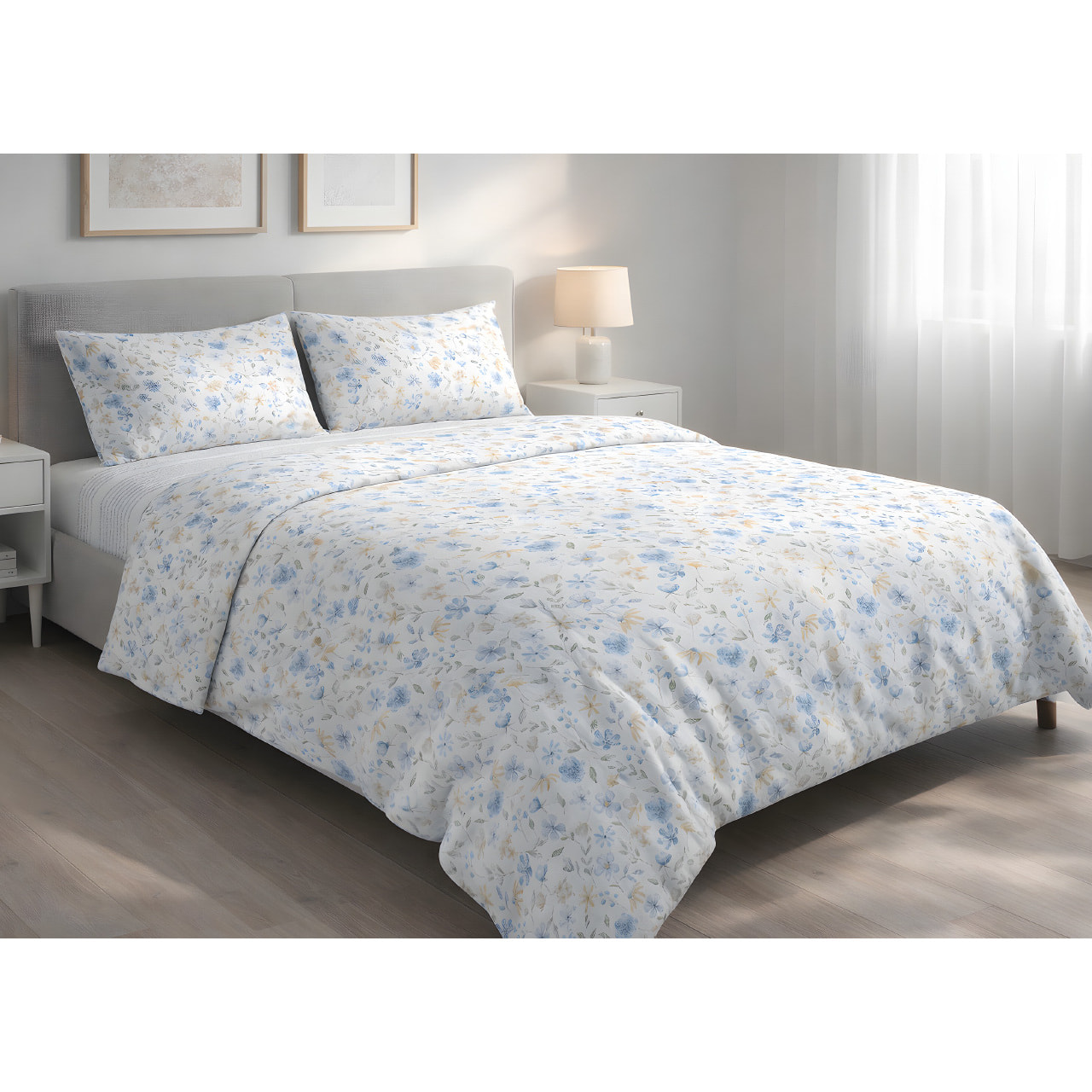 Parure Copripiumino 100% Cotone Made In Italy Fantasia Floreale Disegno Primavera Azzurro