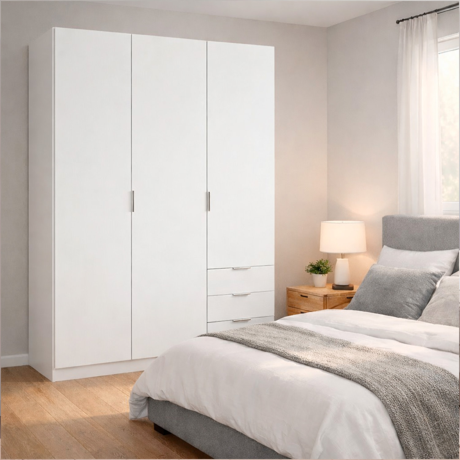 Armadio Guardaroba Vestiti 3 Ante Battenti 4 Ripiani E 3 Cassetti Con Barra Appendiabiti Salvaspazio Design Moderno 200 x 52 x 135 Cm Bianco