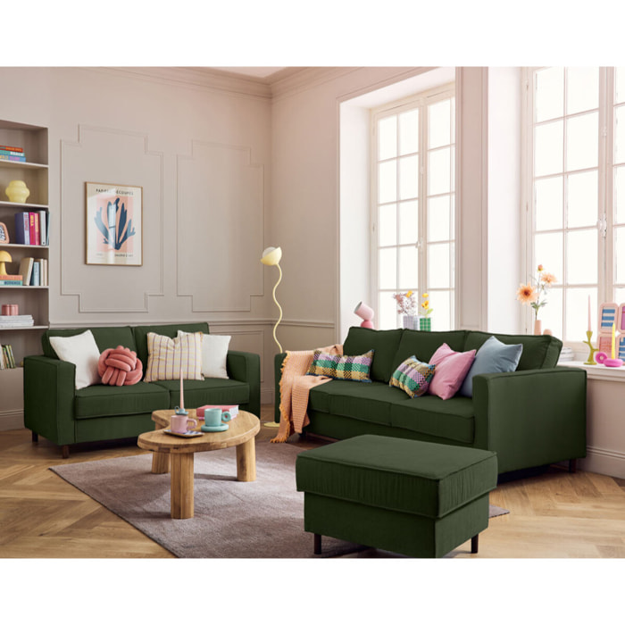 Jake - pouf en velours côtelé - pieds bois foncé - Vert